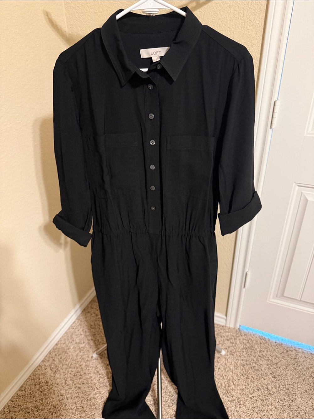 LOFT Black Button-Front Utility Jumpsuit with Elastic Waist